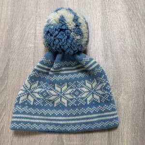 Vtg Women's 100% Wool Handmade Beanie Pom Pom Hat Blue Cream Fair Isle Snowflake